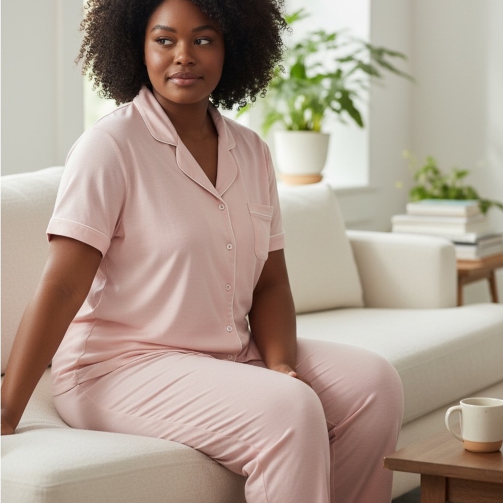Como Sleep NWT Women's Short-Sleeve Button-Front Pajama Set in Dusty Pink (XL)